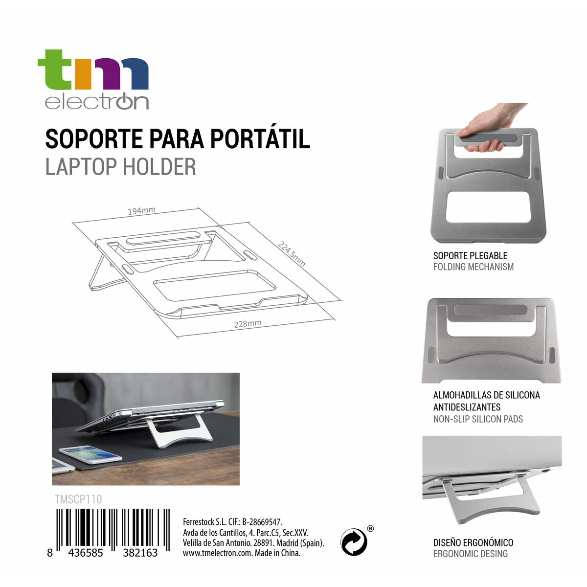 Notebook Stand TM Electron Silicone Aluminium Ergonomic 22,5 x 22,8 x 0,4 cm