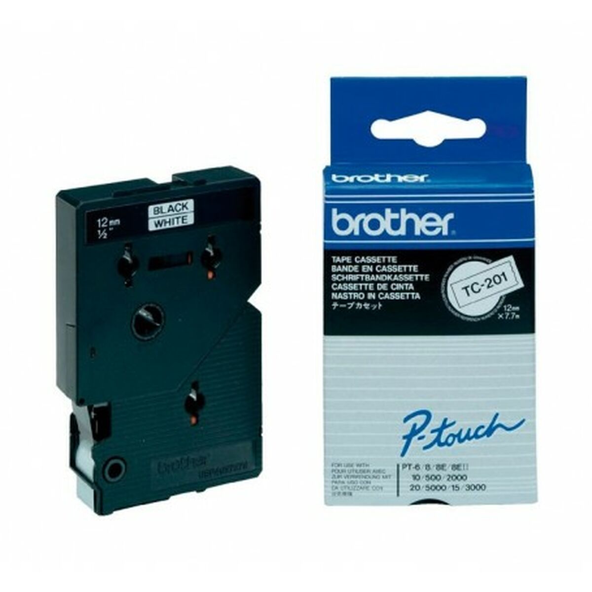 Laminated Tape for Labelling Machines Brother TC-201 12 mm x 7,7 m White/Black