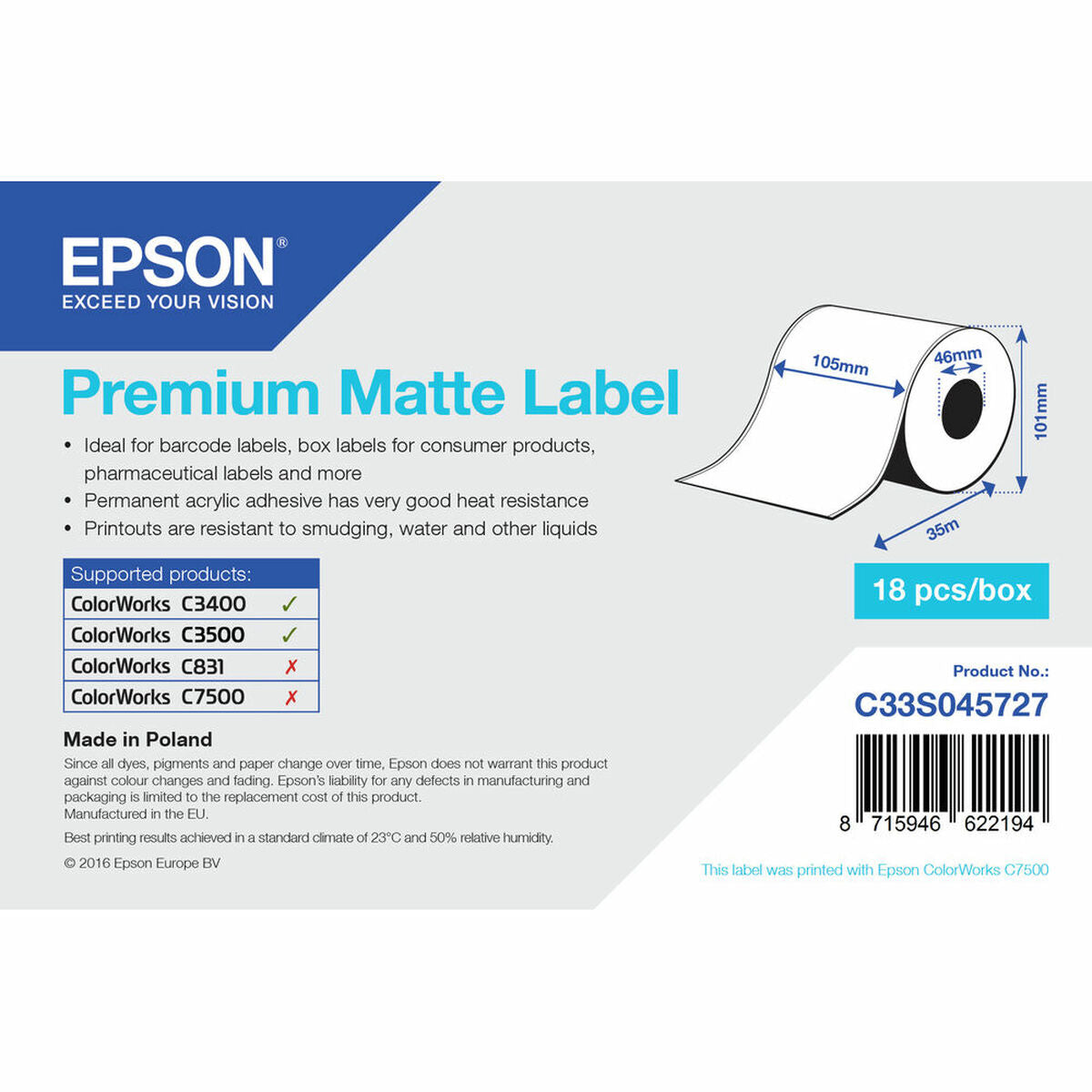 Printer Labels Epson C33S045727 White 46 mm (1 Unit)