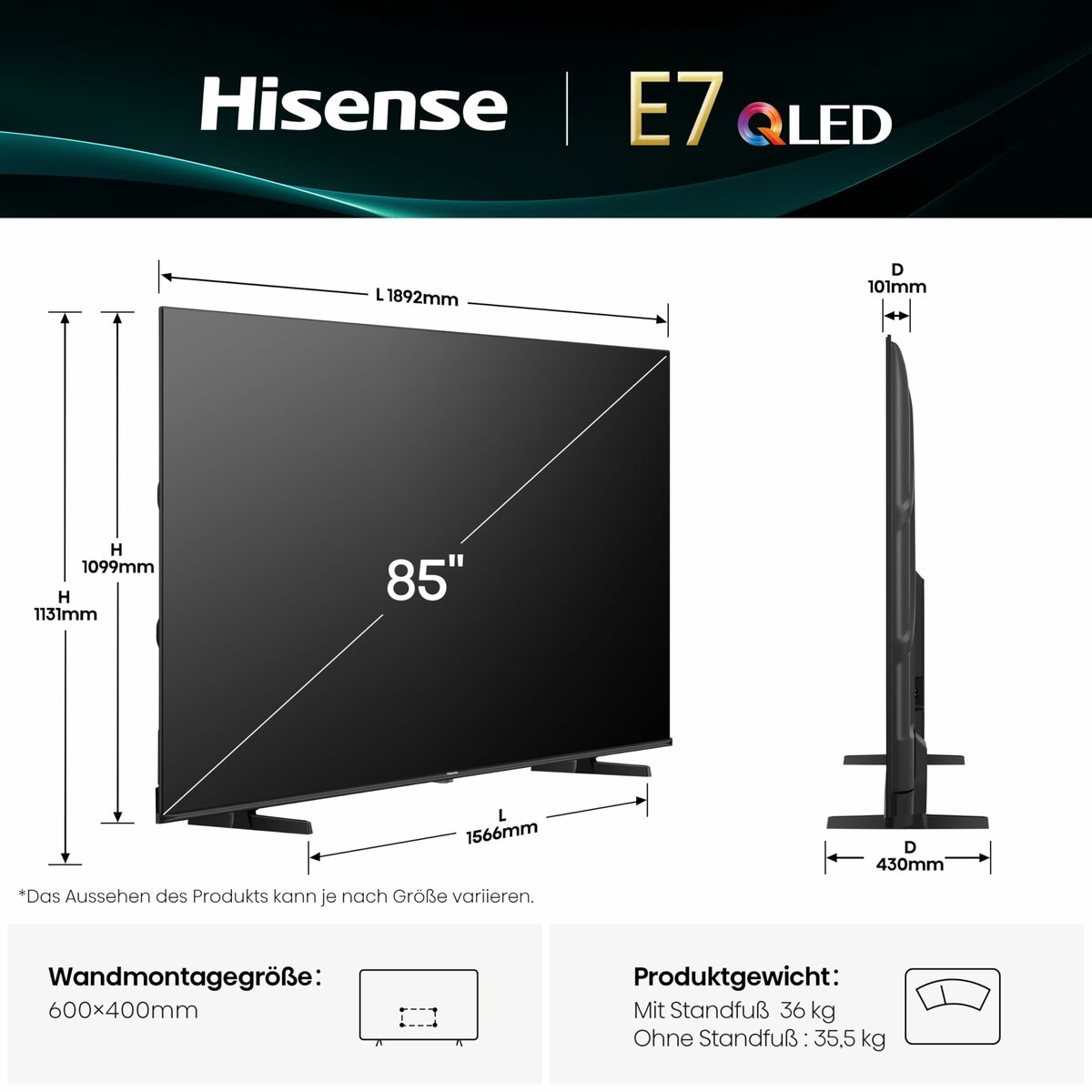Smart TV Hisense 85E7Q        85 85" 4K Ultra HD LED HDR D-LED QLED
