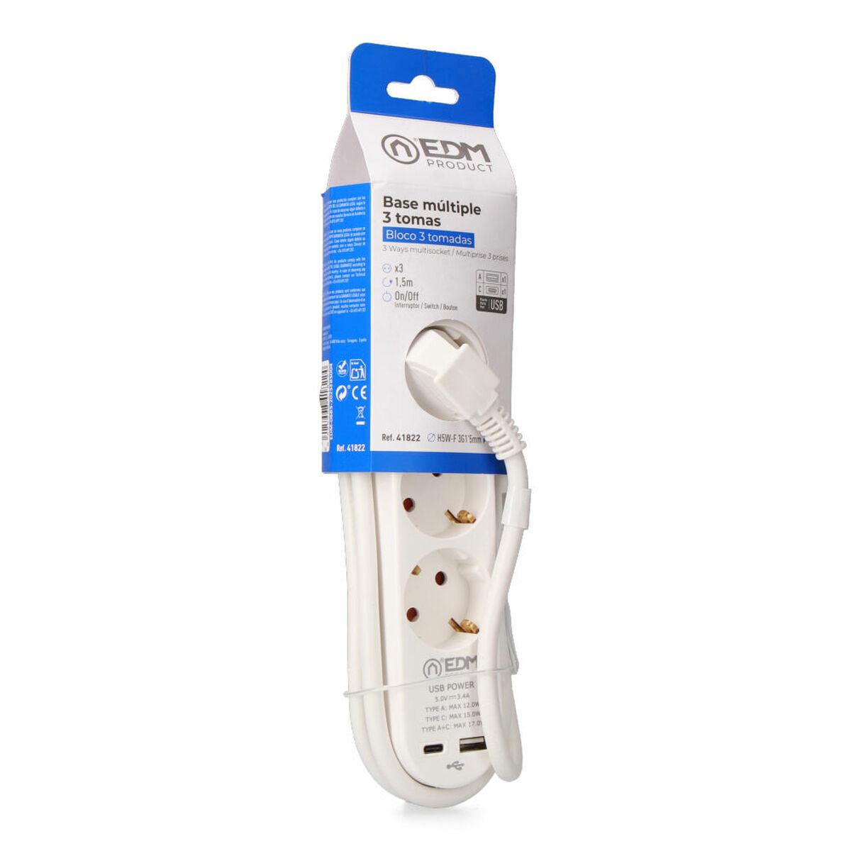 3-socket plugboard with power switch EDM 41822 White 3680 W 250 V 30 W (1,5 m)