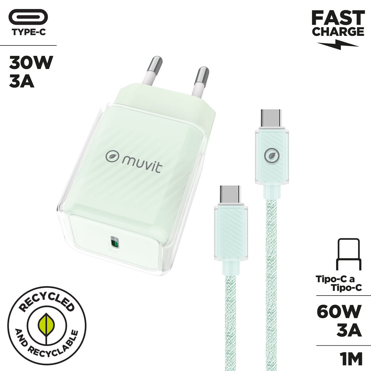 Wall Charger + USB-C Cable Muvit for Change  Glass GaN Green