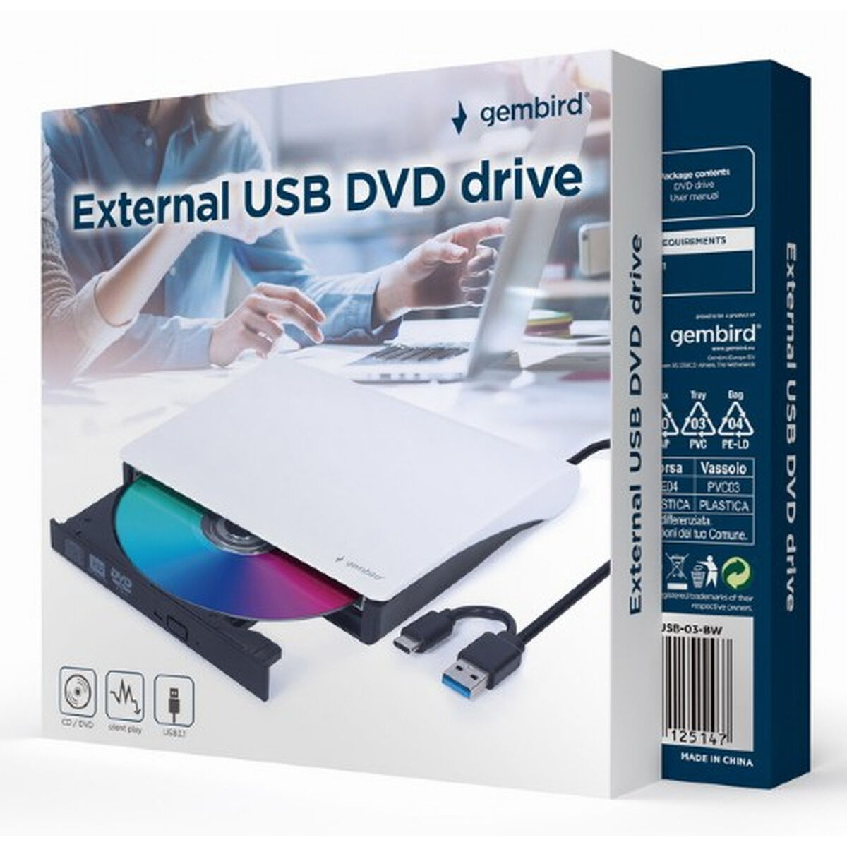 External Recorder GEMBIRD DVD-USB-031-BW DVD-R 8x, DVD-R DL 8x, DVD-RW 8x, DVD-ROM 8x, DVD-RAM 5x, DVD+R 8x, DVD+R DL 8x, ...