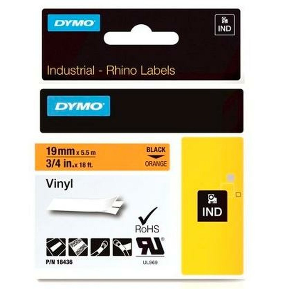 Laminated Tape for Labelling Machines Rhino Dymo ID1-19 Black Orange 19 x 5,5 mm Self-adhesives Stick (5 Units)